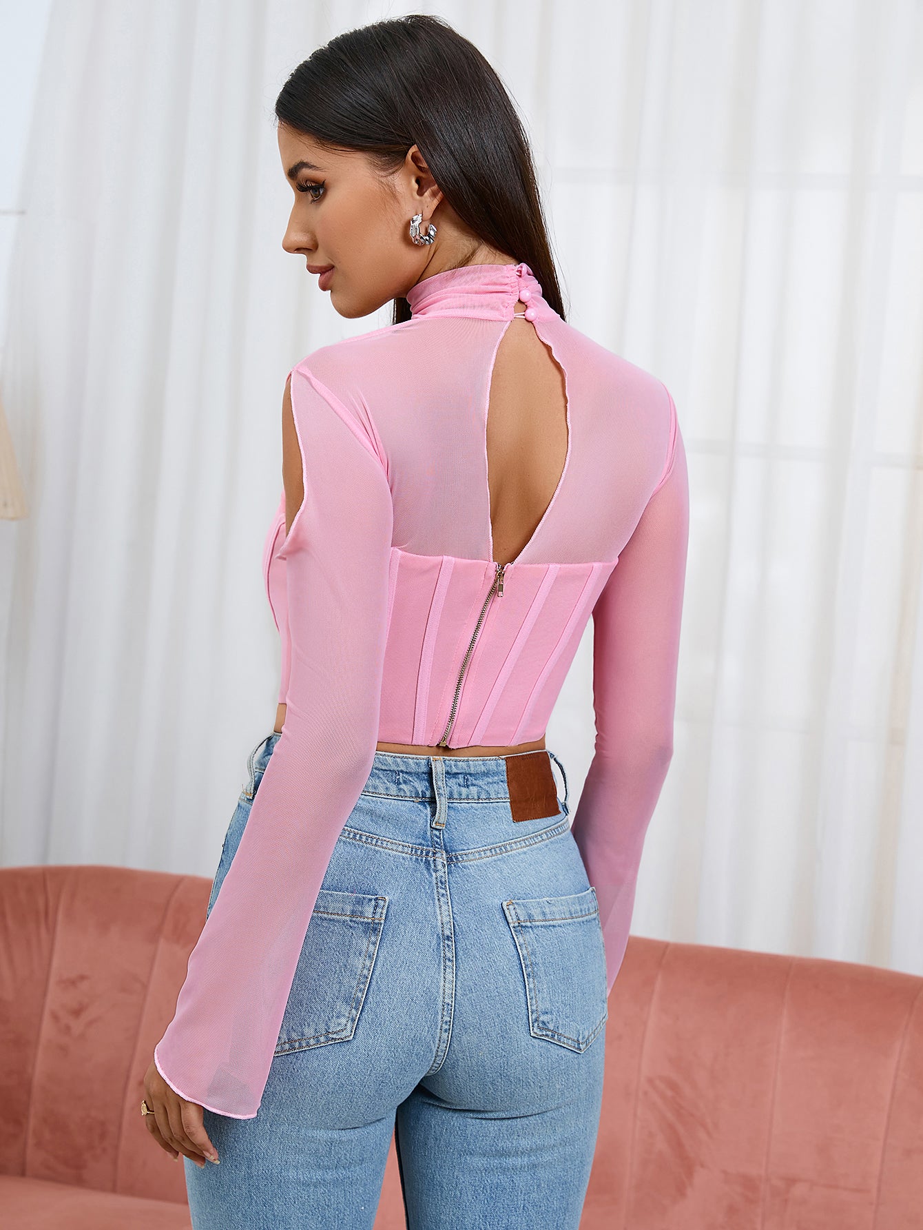cut out boning bell sleeve mesh corset top#color_pink