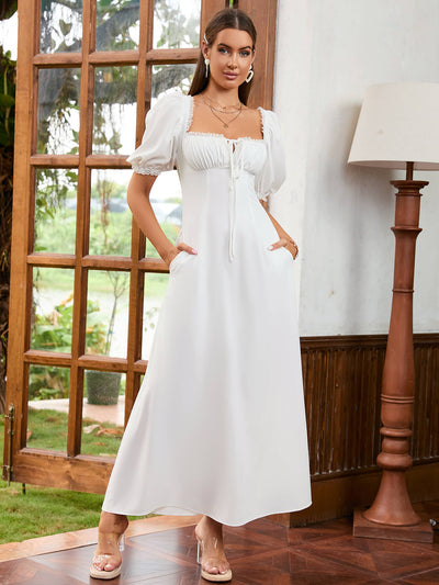 lace puff sleeve tie front flowy maxi dress white#color_white