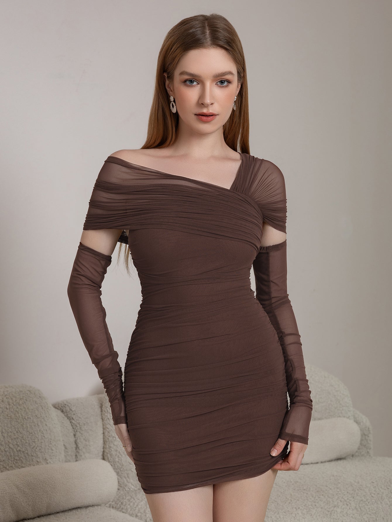 Asymmetrical Shoulder Ruched Mesh Bodycon Dress – Parthea Fashion