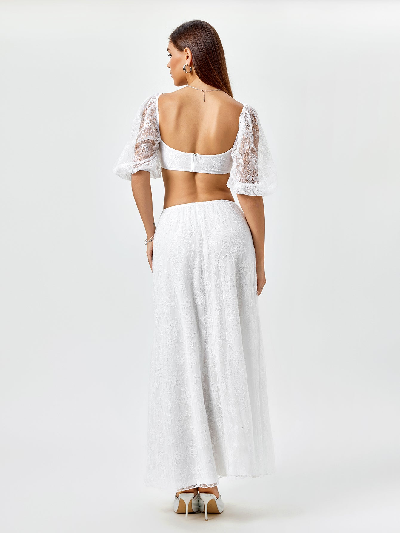 zipper backless lace crop top&lace a-line skirt#color_white