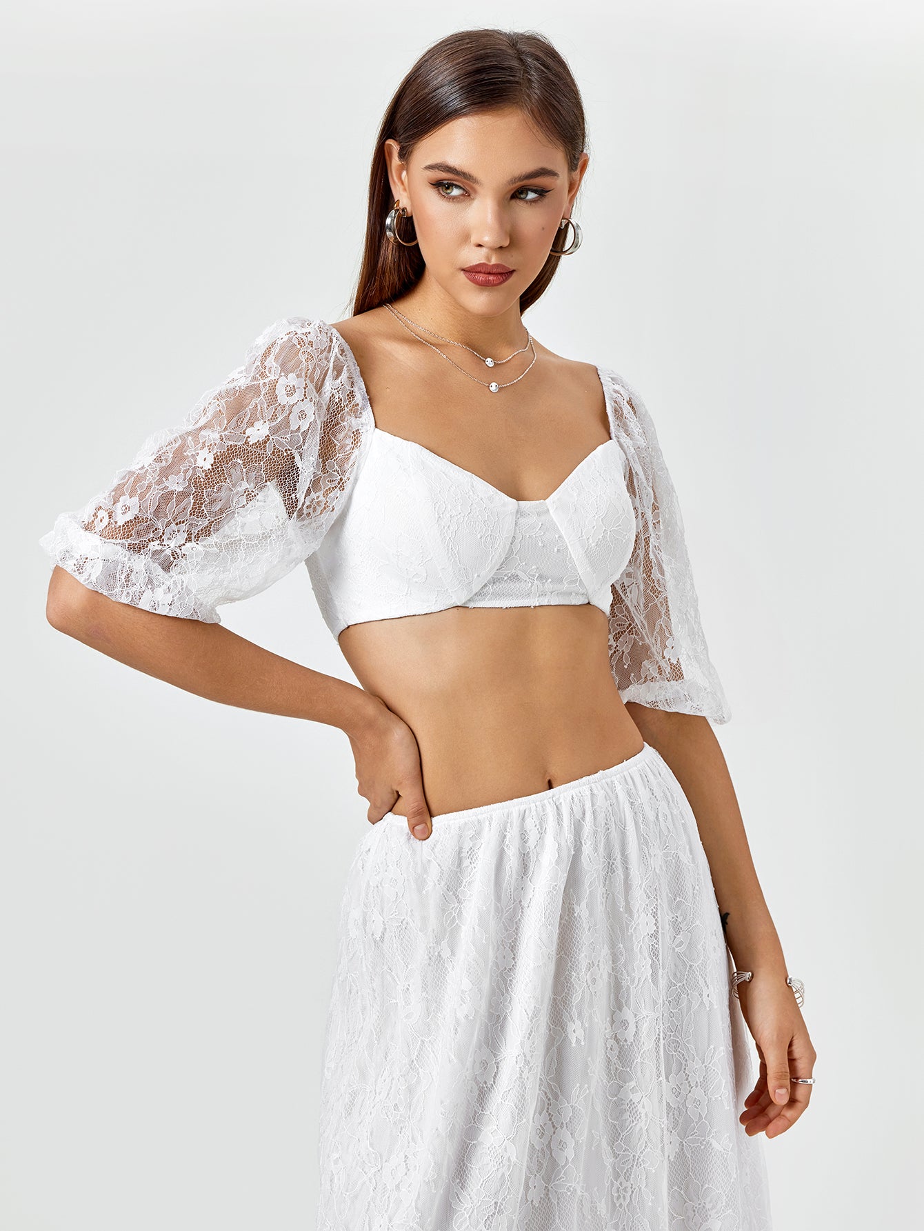 lace zipper backless crop top&lace a-line skirt#color_white