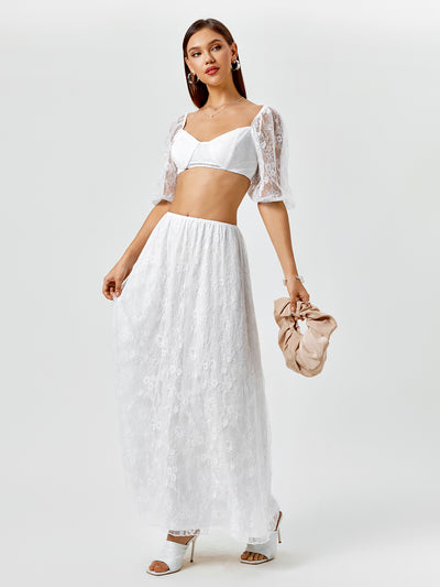backless lace zipper crop top&lace a-line skirt#color_white
