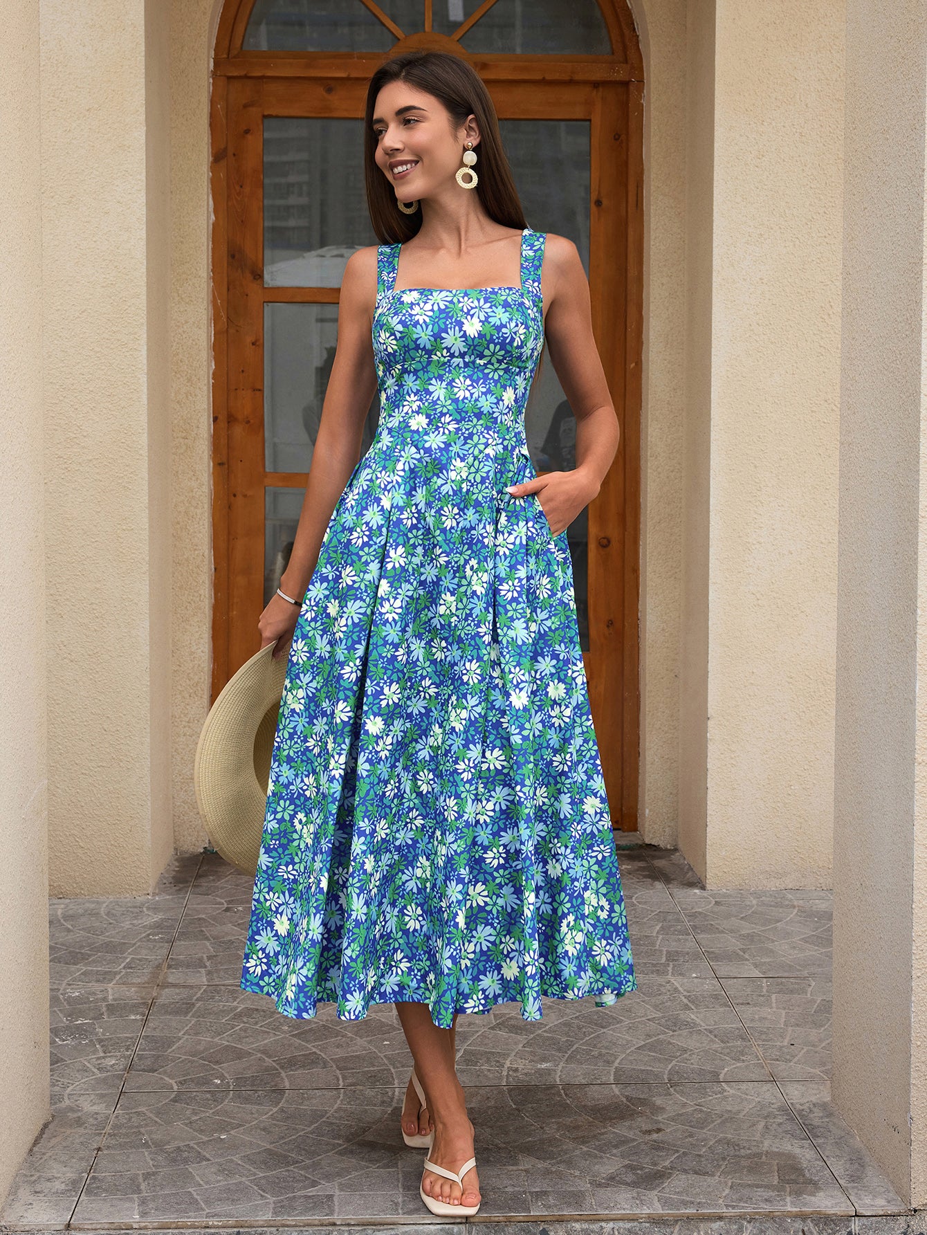 Crisscross Tie Back With Pockets Floral Print Long Dress, Blue / XS