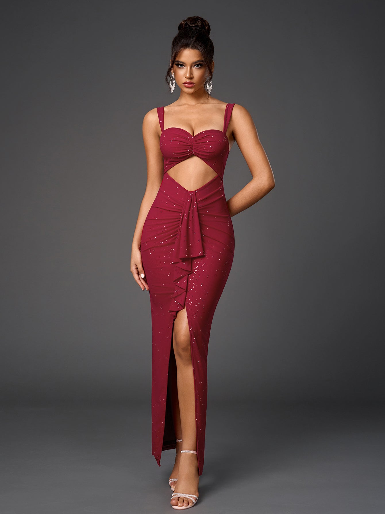 Cut Out Flounce Trim Ruched Glitter Mesh Dress, Wine / Xs
