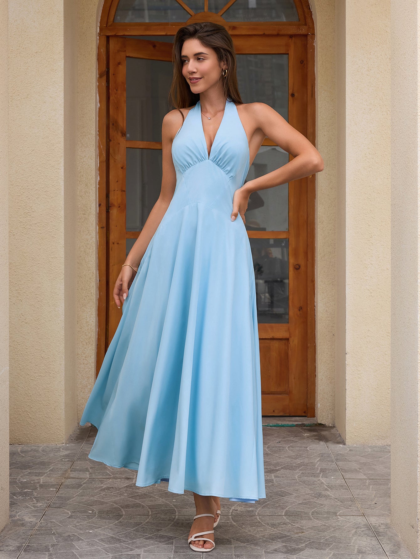 Deep V-Neck Halter Ruched Back Solid Dress, Blue / XS