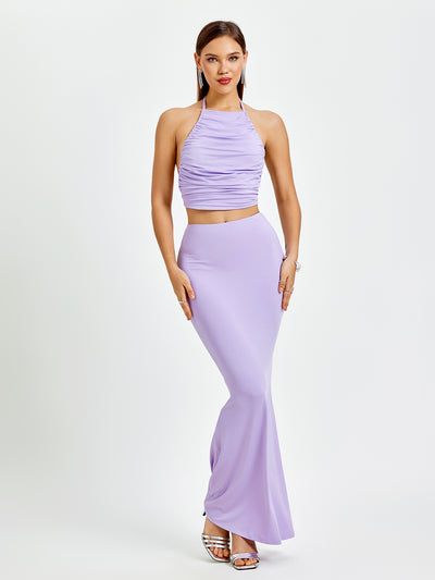halter ruched tie back top&mermaid bodycon skirt#color_lilac