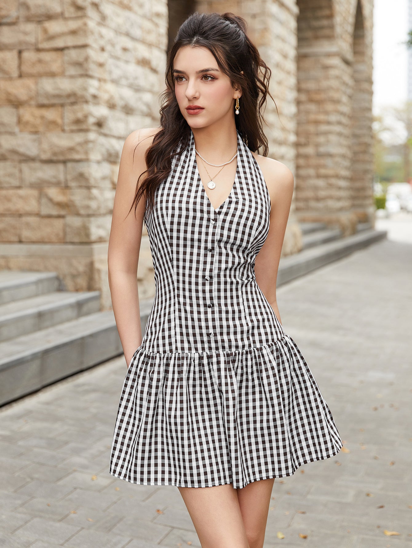 slim fit dress slacks Cocoa Cotton Plaid Halter Neck Tie Mini Dress main image 0