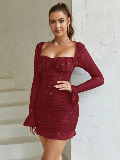 mesh flounce sparkly long sleeve mini dress#color_wine