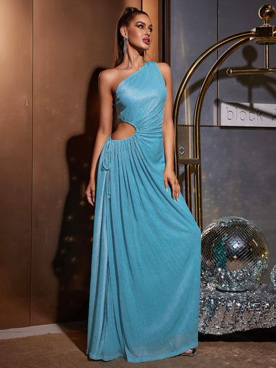 one shoulder cut out mesh maxi dress#color_blue