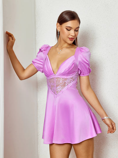 puff sleeve satin patchwork lace dress#color_lilac