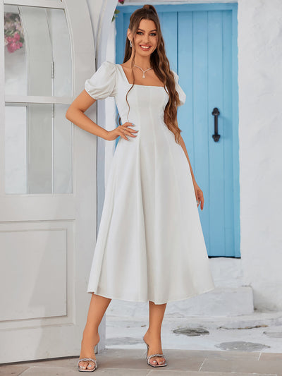 square neck puff sleeve ruched bust midi dress#color_white