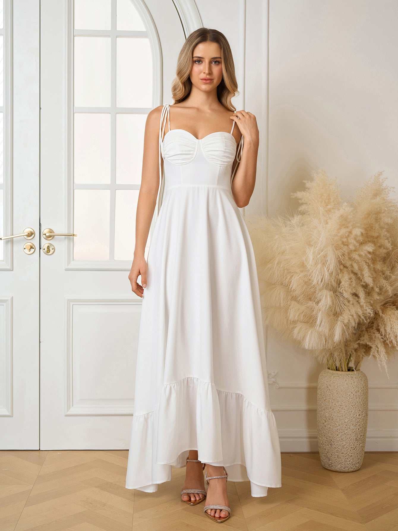 Tie Shoulder Ruched Bust Maxi Solid Dress, White / XS