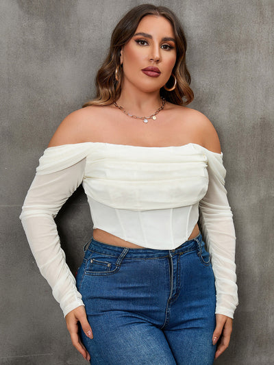    plus off shoulder ruched asymmrtrical hem corset mesh top ivory#color_ivory