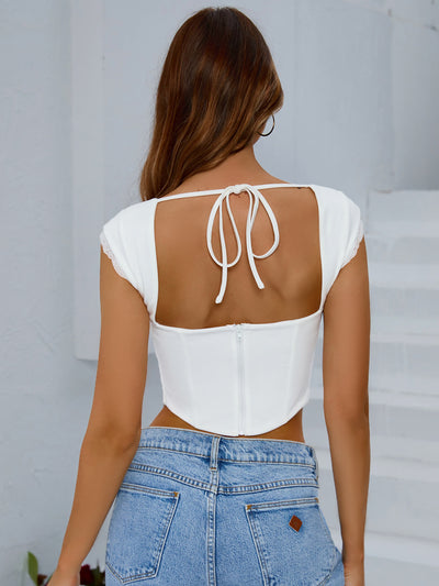 backless lace spliced boning corset crop top white back#color_white