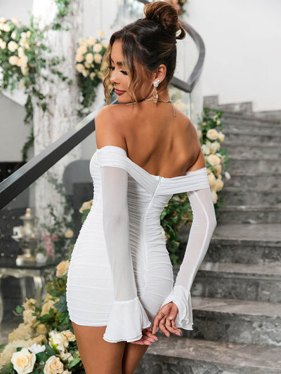 off shoulder flounce sleeve ruched mesh bodycon dress white back#color_white
