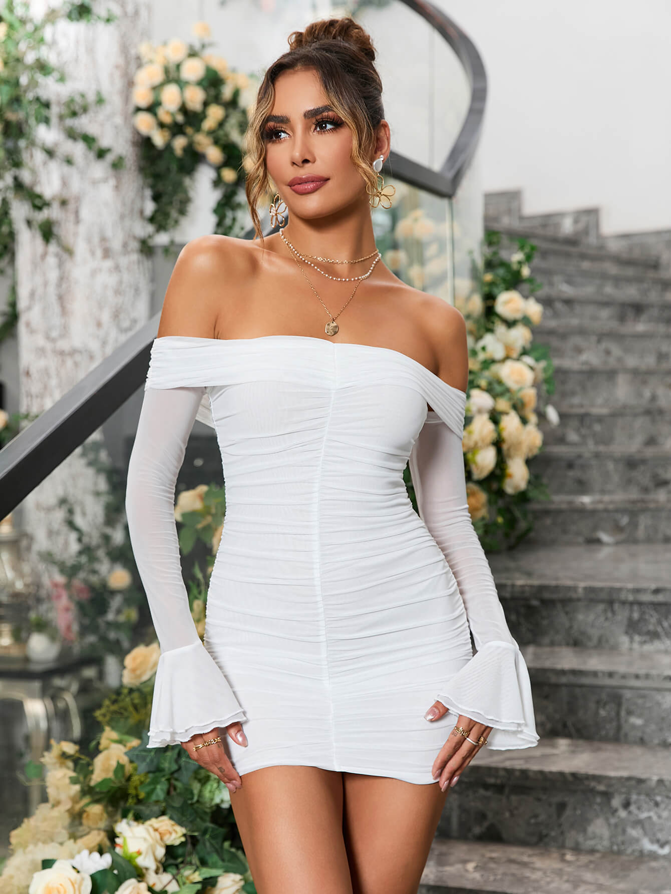 off shoulder flounce sleeve ruched mesh bodycon dress white#color_white