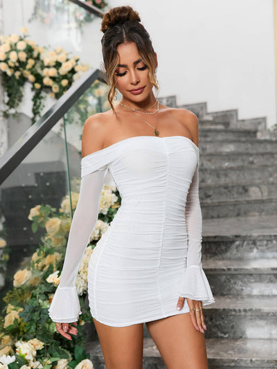 off shoulder flounce sleeve ruched mesh bodycon dress white side#color_white