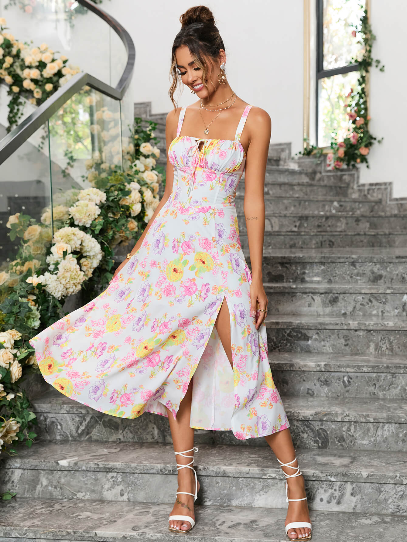 ruched bust split thigh floral cami dress pink yellow side#color_pink-yellow