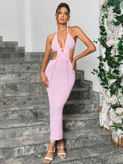 cut out tie backless halter neck sweater pink dress#color_pink