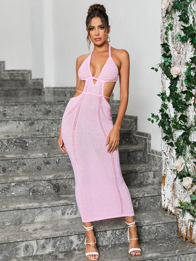 cut out tie backless halter neck pink sweater dress#color_pink