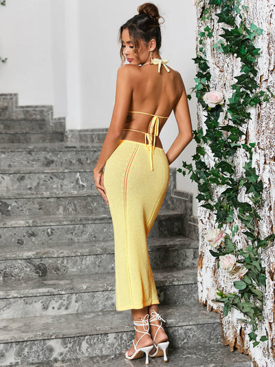 cut out tie backless halter neck sweater dress yellow back#color_yellow