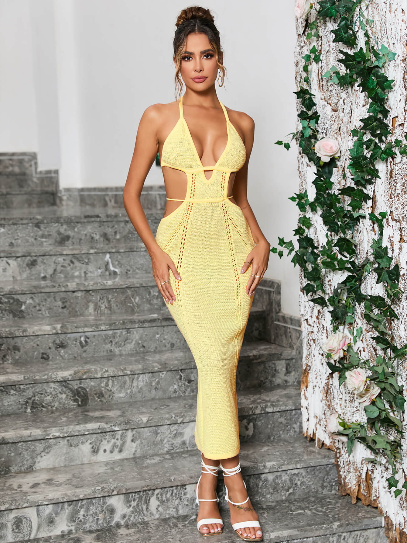 cut out tie backless halter neck sweater dress yellow#color_yellow