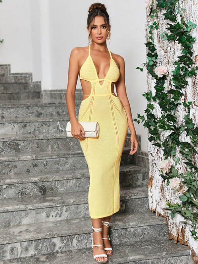 cut out tie backless halter neck sweater yellow dress#color_yellow