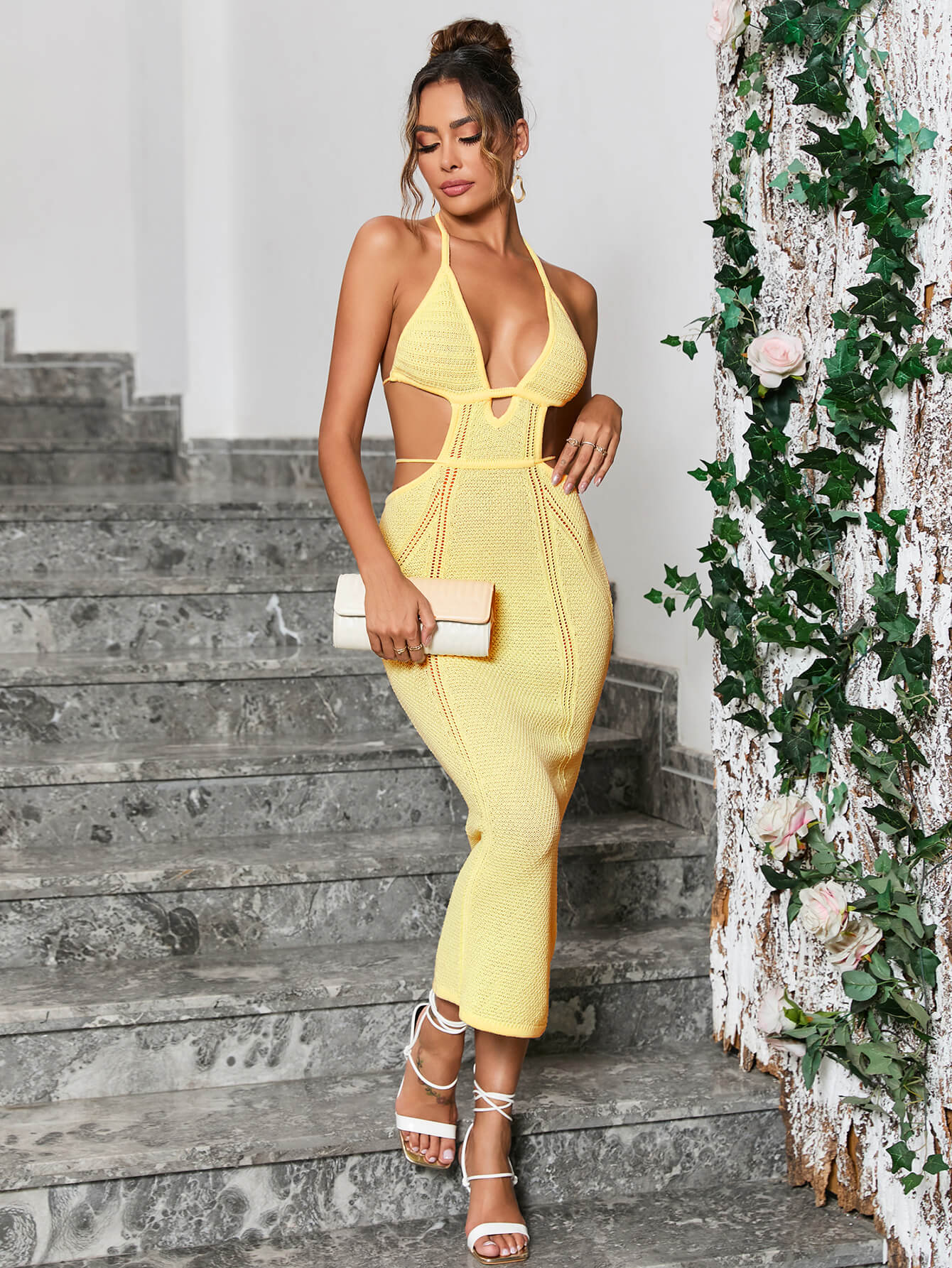 yellow cut out tie backless halter neck sweater dress#color_yellow