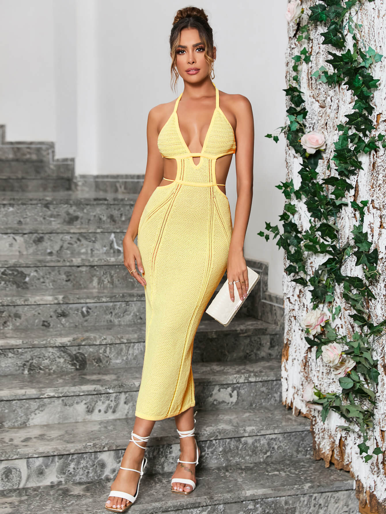 cut out tie backless halter neck yellow sweater dress#color_yellow