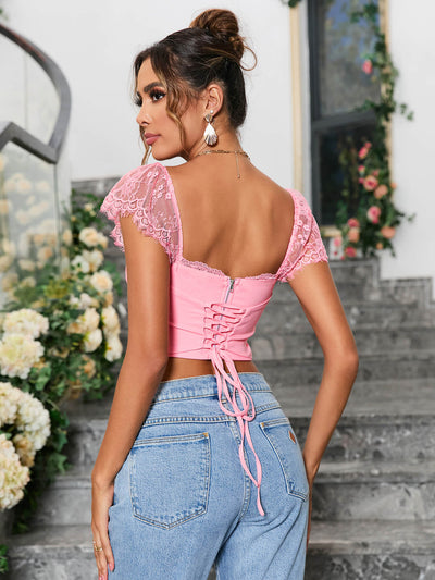 contrast lace ruched bust square neck crop top pink back#color_pink