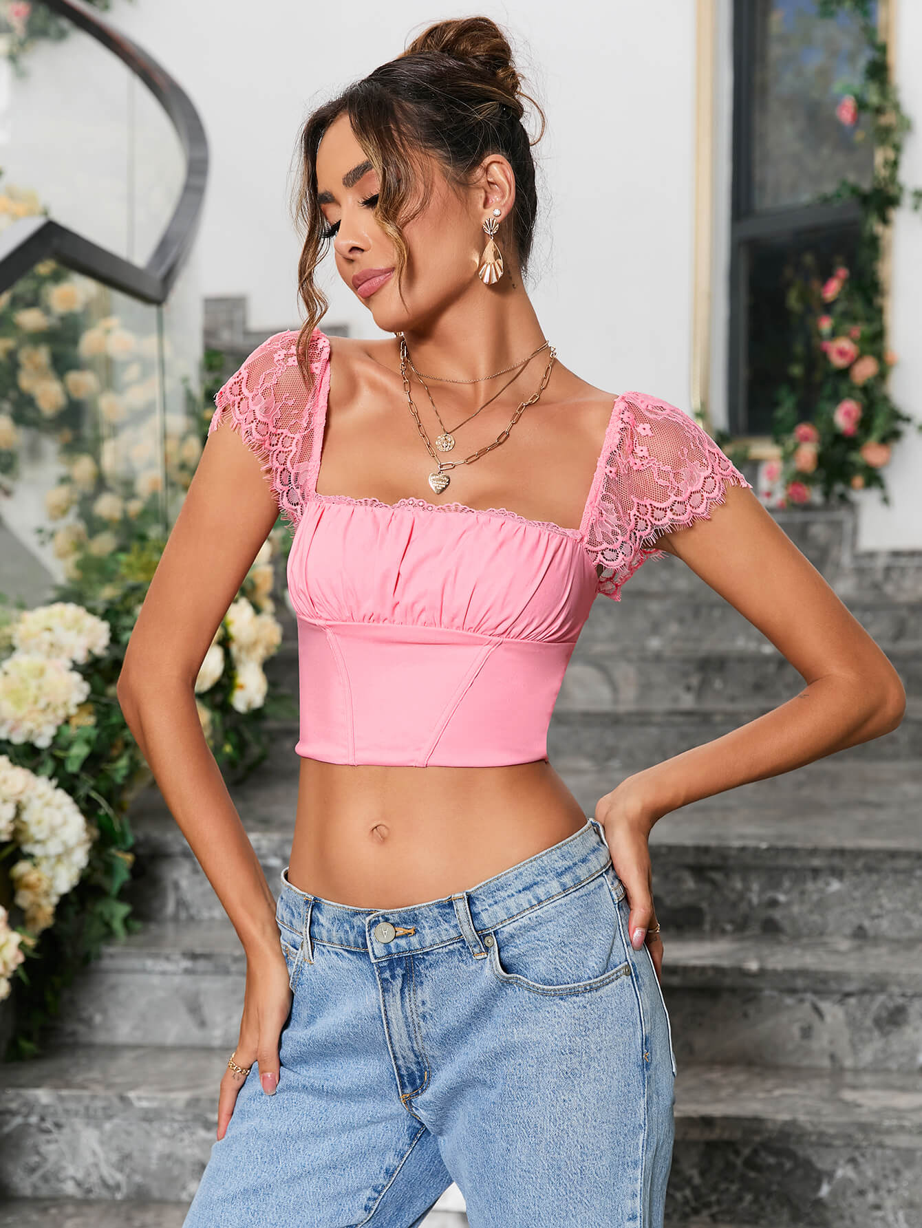 contrast lace ruched bust square neck pink crop top#color_pink