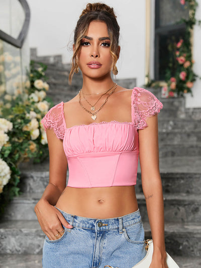 ruched bust square neck contrast lace crop top#color_pink
