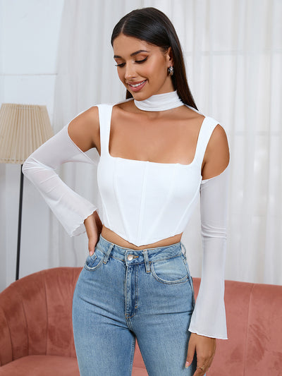 corset mesh cut out bell sleeve boning top#color_white