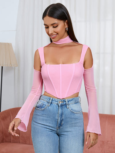 corset mesh cut out bell sleeve boning top#color_pink