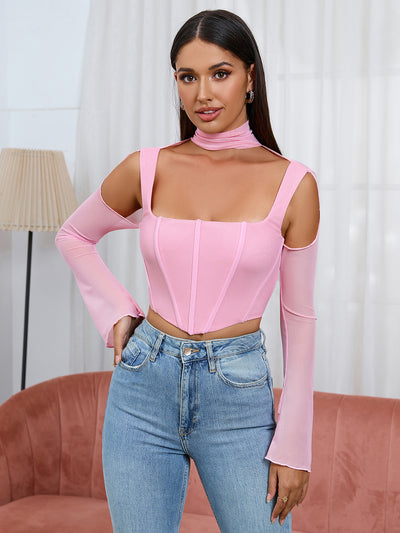 boning bell sleeve cut out mesh corset top#color_pink