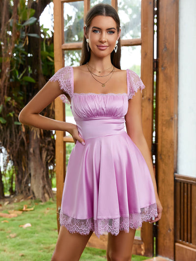 contrast lace lilac ruched bust dress#color_lilac