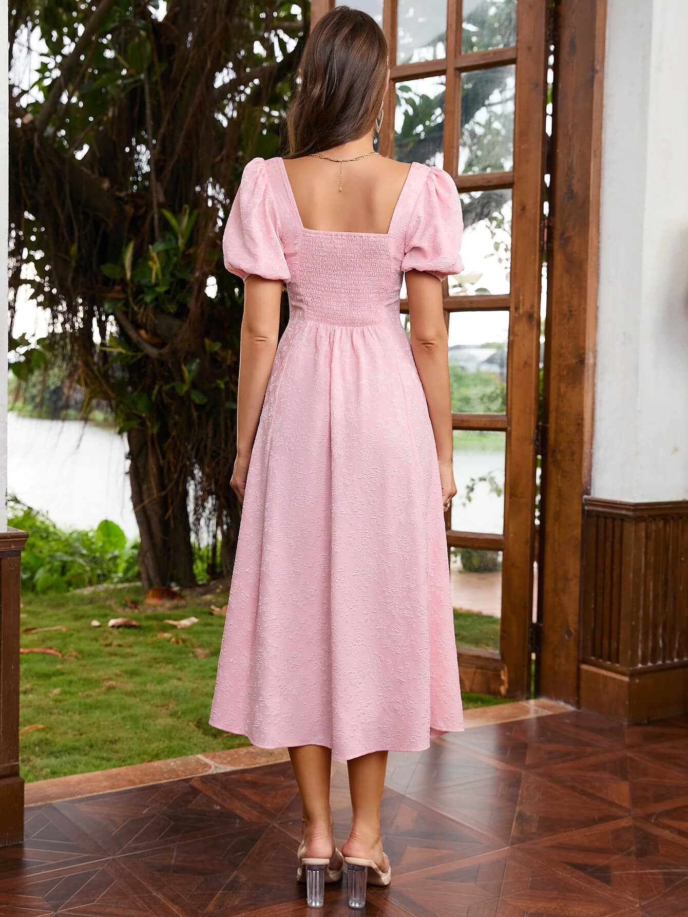 square neck puff sleeve a line dress pink back#color_pink