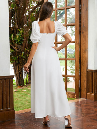 lace puff sleeve tie front flowy maxi dress white back#color_white
