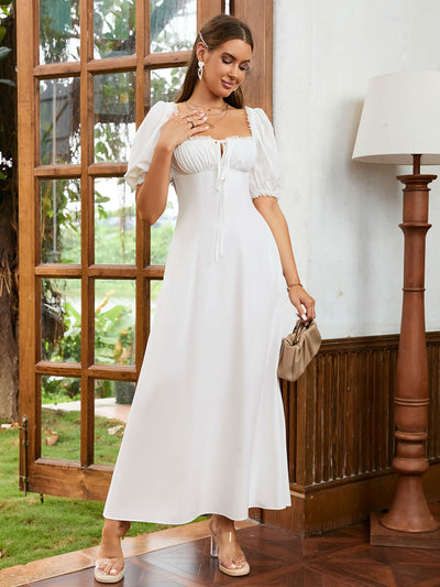 lace puff sleeve tie front flowy white maxi dress#color_white