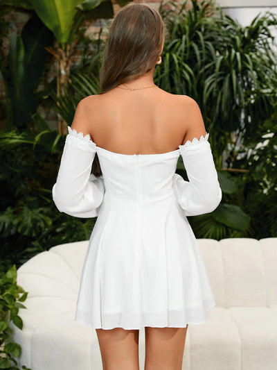 off shoulder lace up front lantern sleeve dress white back