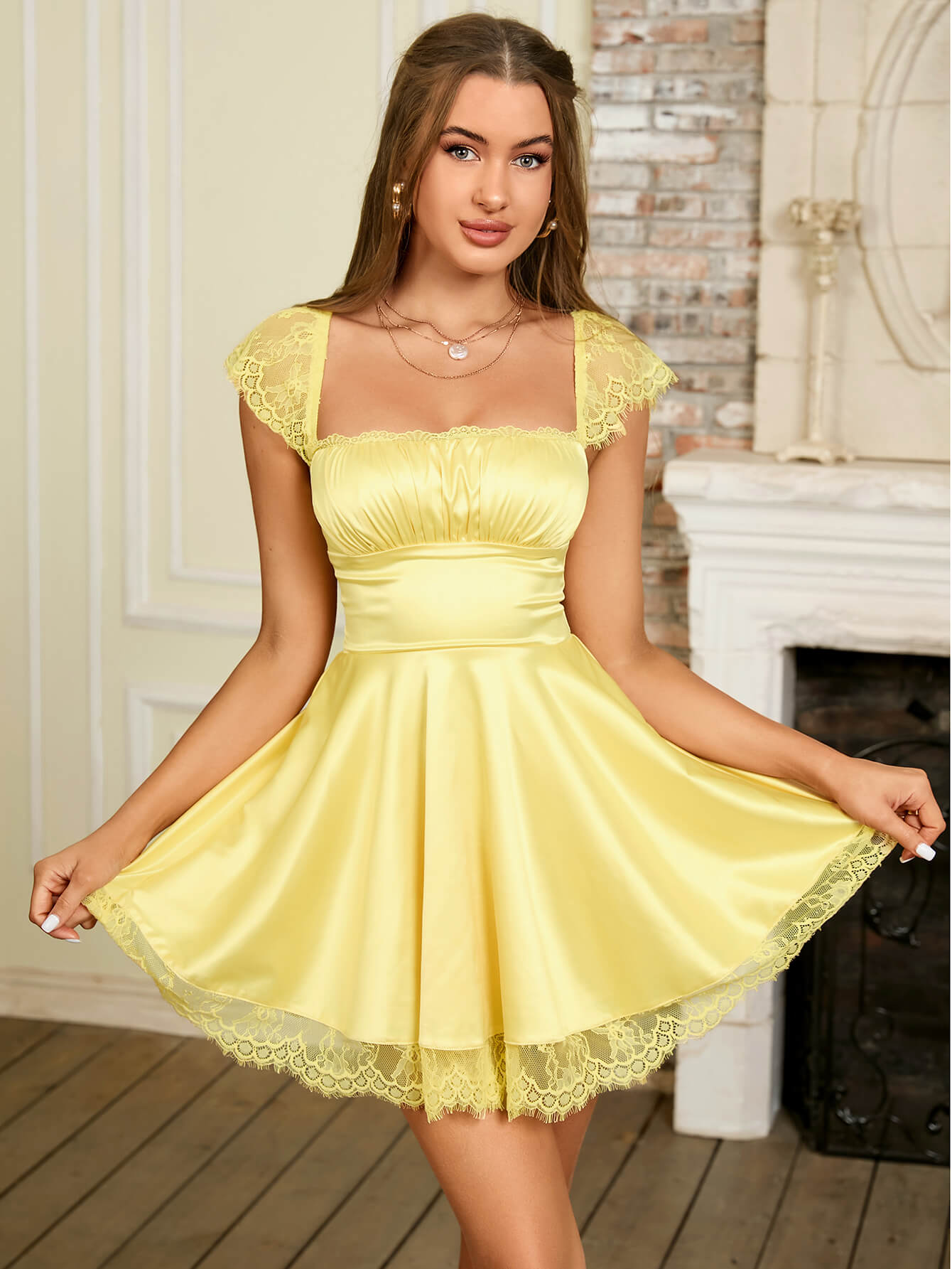 contrast lace ruched bust dress yellow#color_yellow