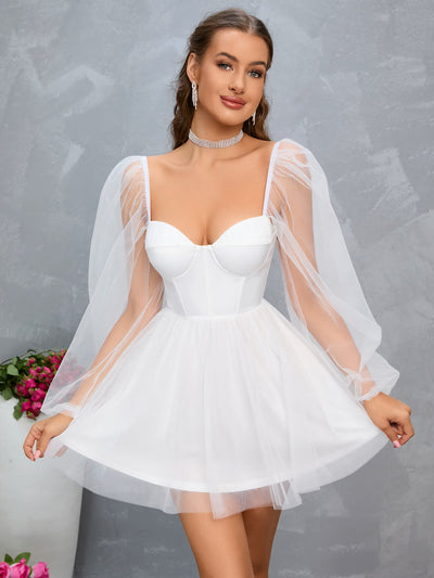sweetheart neck lantern sleeve mesh overlay bustier dress white#color_white