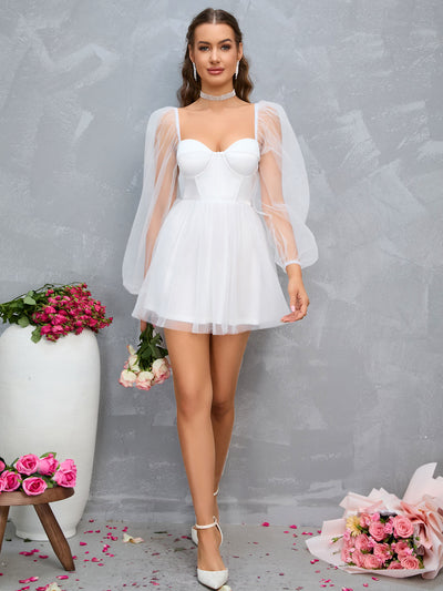 sweetheart neck lantern sleeve mesh overlay white bustier dress#color_white