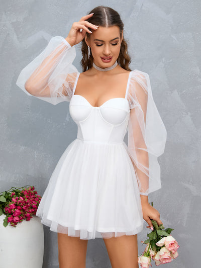sweetheart neck lantern sleeve mesh overlay bustier dress white side#color_white