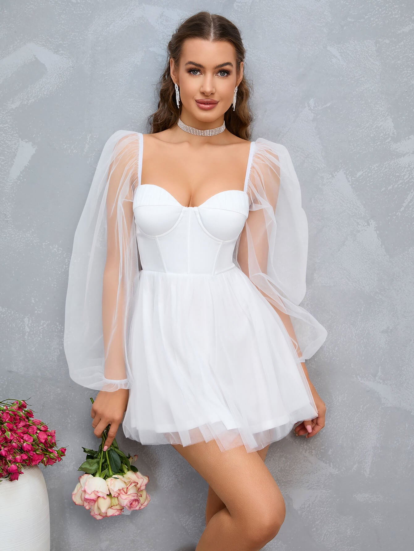 white sweetheart neck lantern sleeve mesh overlay bustier dress#color_white