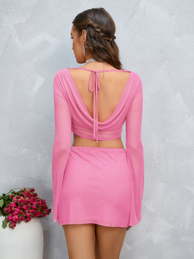 see tshrough trumpet sleeve sequin mesh crop top & skirt pink back#color_pink