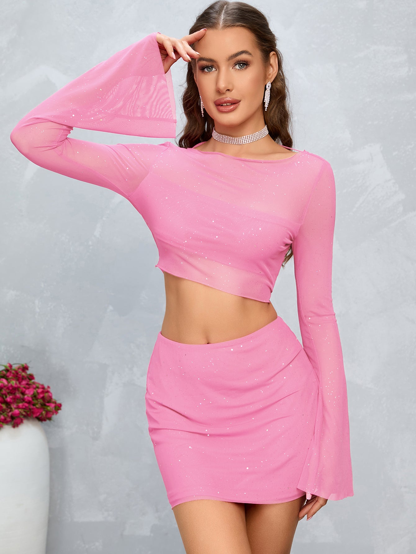 see tshrough trumpet sleeve sequin mesh crop top & skirt pink#color_pink