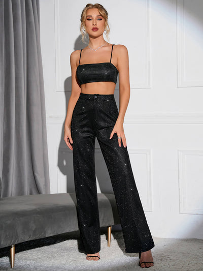 black crop metallic cami top and pants set#color_black