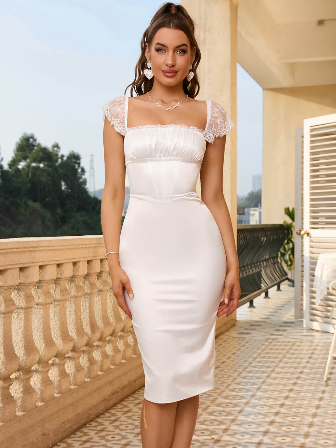 Contrast Lace Lace Up Back Satin Bodycon Dress Contrast Lace Lace Up Back Satin Bodycon Dress