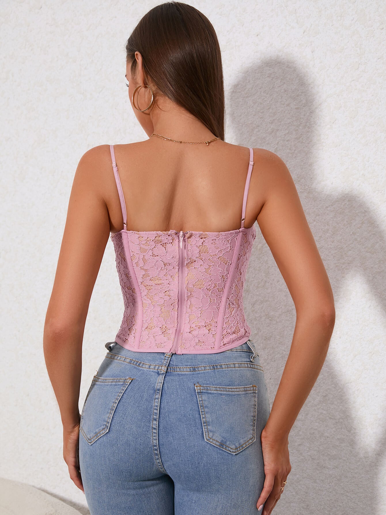 zip back lace cami top pink back#color_pink